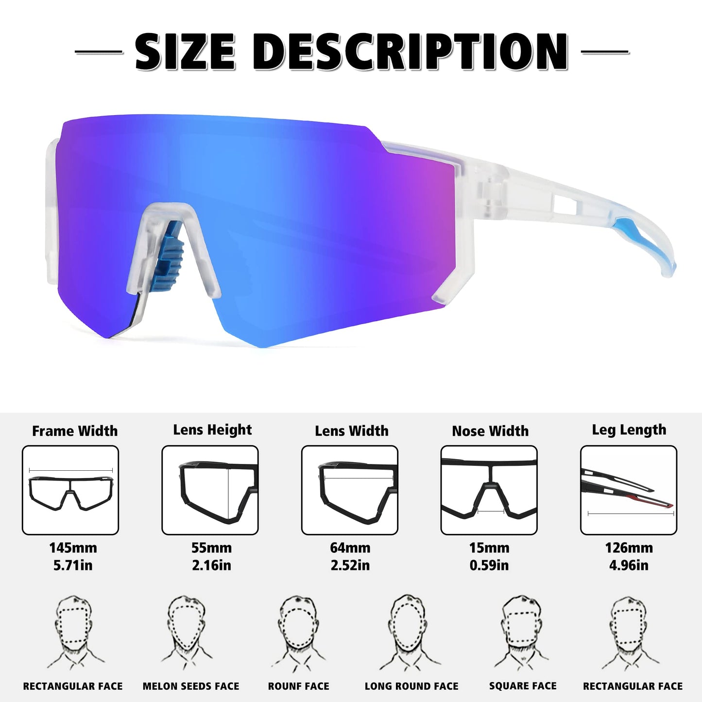 STORYCOAST Polarized Sports Sunglasses for Men Women,Driving Fishing Cycling Mountain Bike Sunglasses UV400 Protection Clear Gray Frame-Dark Blue Mirror Lens