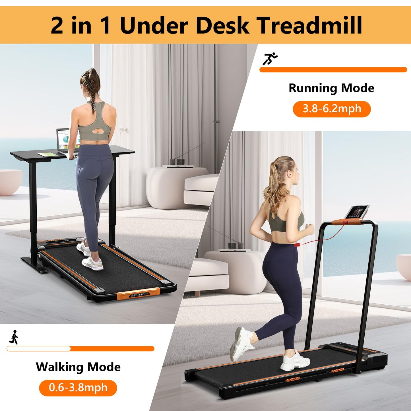 AIRHOT Under Desk Treadmill, Walking Pad 2 in 1 for Walking and Jogging, Portable Walking Treadmill with Remote Control Lanyard for Home/Office, 2.5HP Low-Noise Desk Treadmill in LED Display