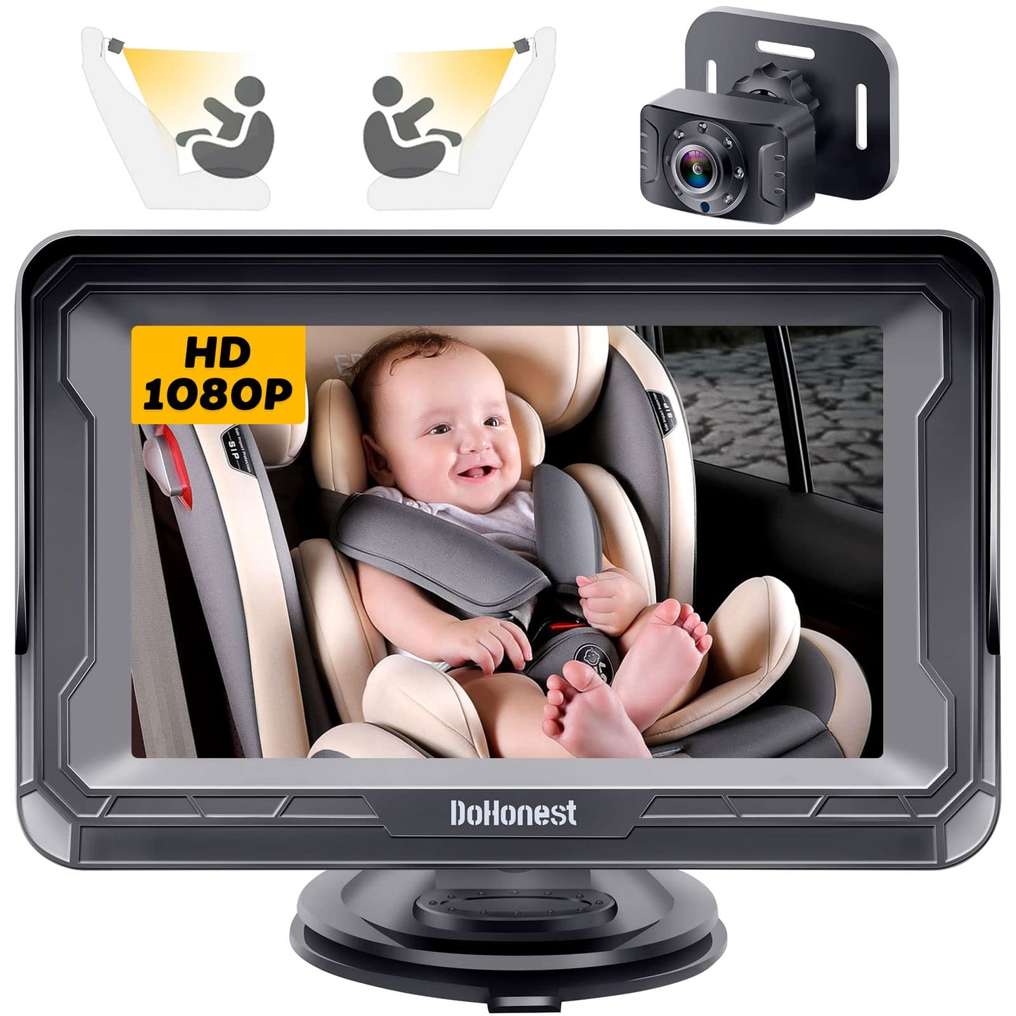 DoHonest Baby Car Camera for Backseat: HD 1080P Easy Setup Carseat Camera Rear Facing Infant - Crystal Night Vision 360° Rotating Car Baby Monitor for 2 Kids - V33