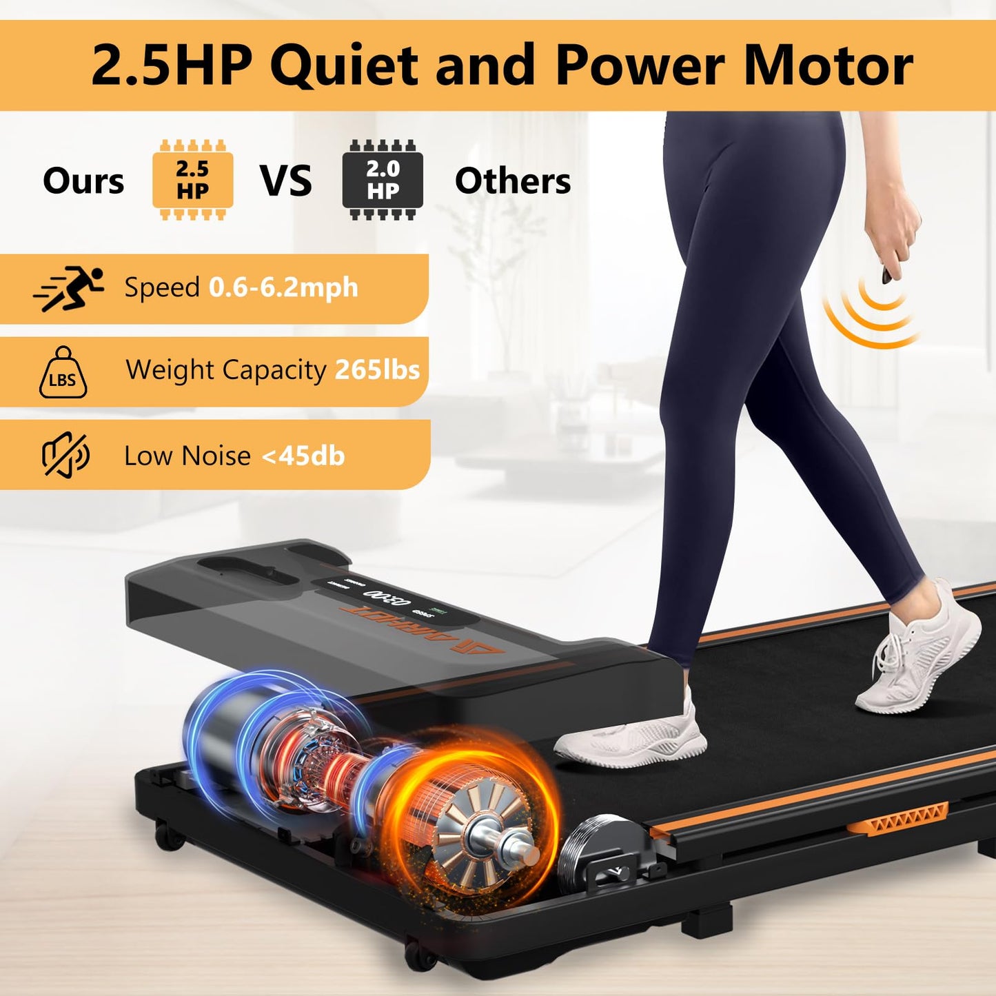 AIRHOT Under Desk Treadmill, Walking Pad 2 in 1 for Walking and Jogging, Portable Walking Treadmill with Remote Control Lanyard for Home/Office, 2.5HP Low-Noise Desk Treadmill in LED Display