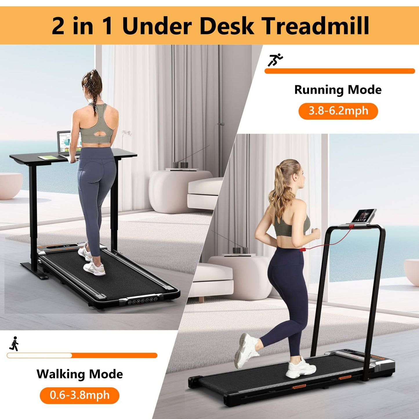 AIRHOT Under Desk Treadmill, Walking Pad 2 in 1 for Walking and Jogging, Portable Walking Treadmill with Remote Control Lanyard for Home/Office, 2.5HP Low-Noise Desk Treadmill in LED Display