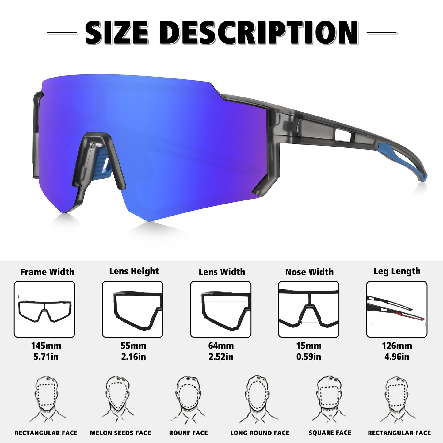 STORYCOAST Polarized Sports Sunglasses for Men Women,Driving Fishing Cycling Mountain Bike Sunglasses UV400 Protection Clear Gray Frame-Dark Blue Mirror Lens