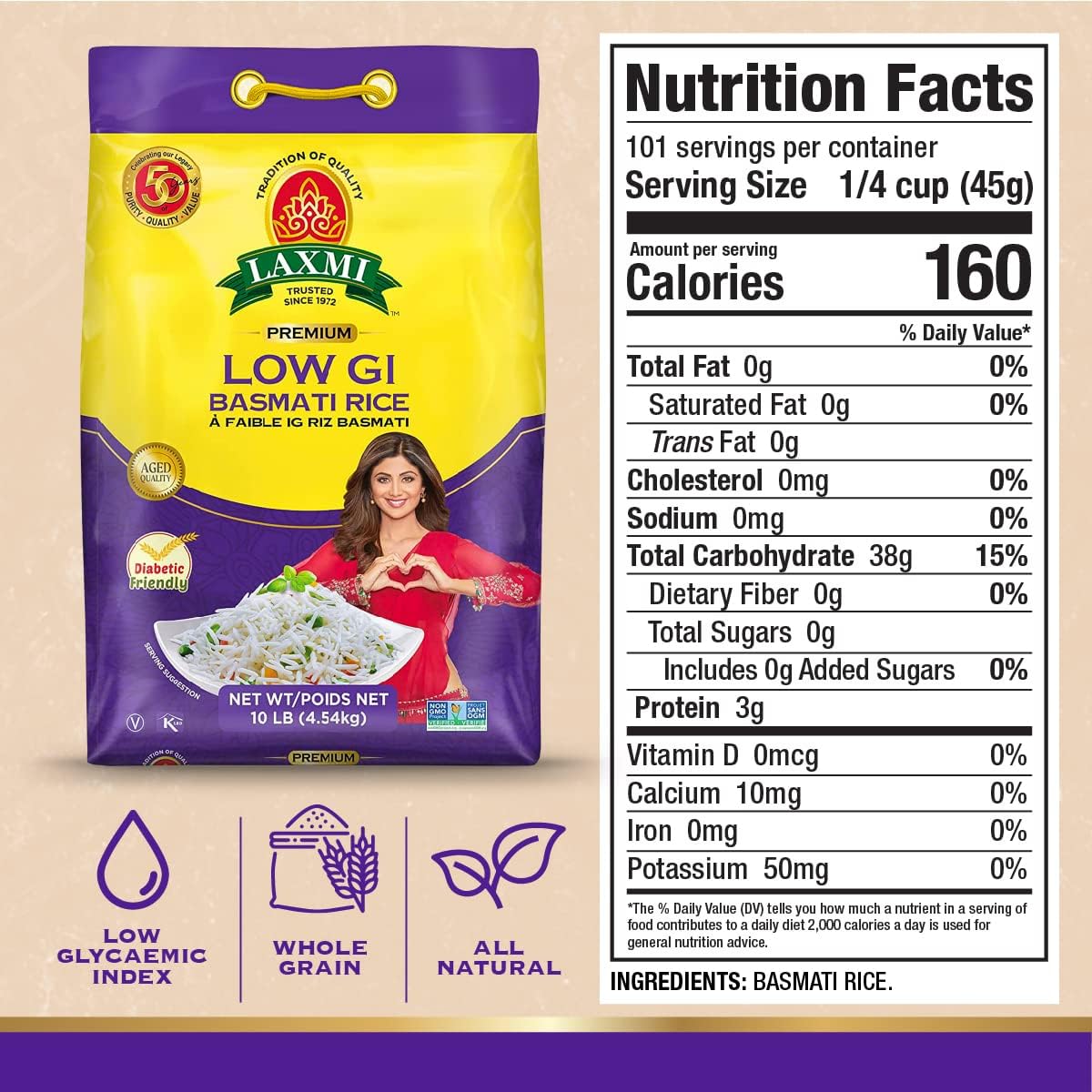 Laxmi Diabetic Friendly Basmati Rice w/Lower G.I. Index Value - 10lb