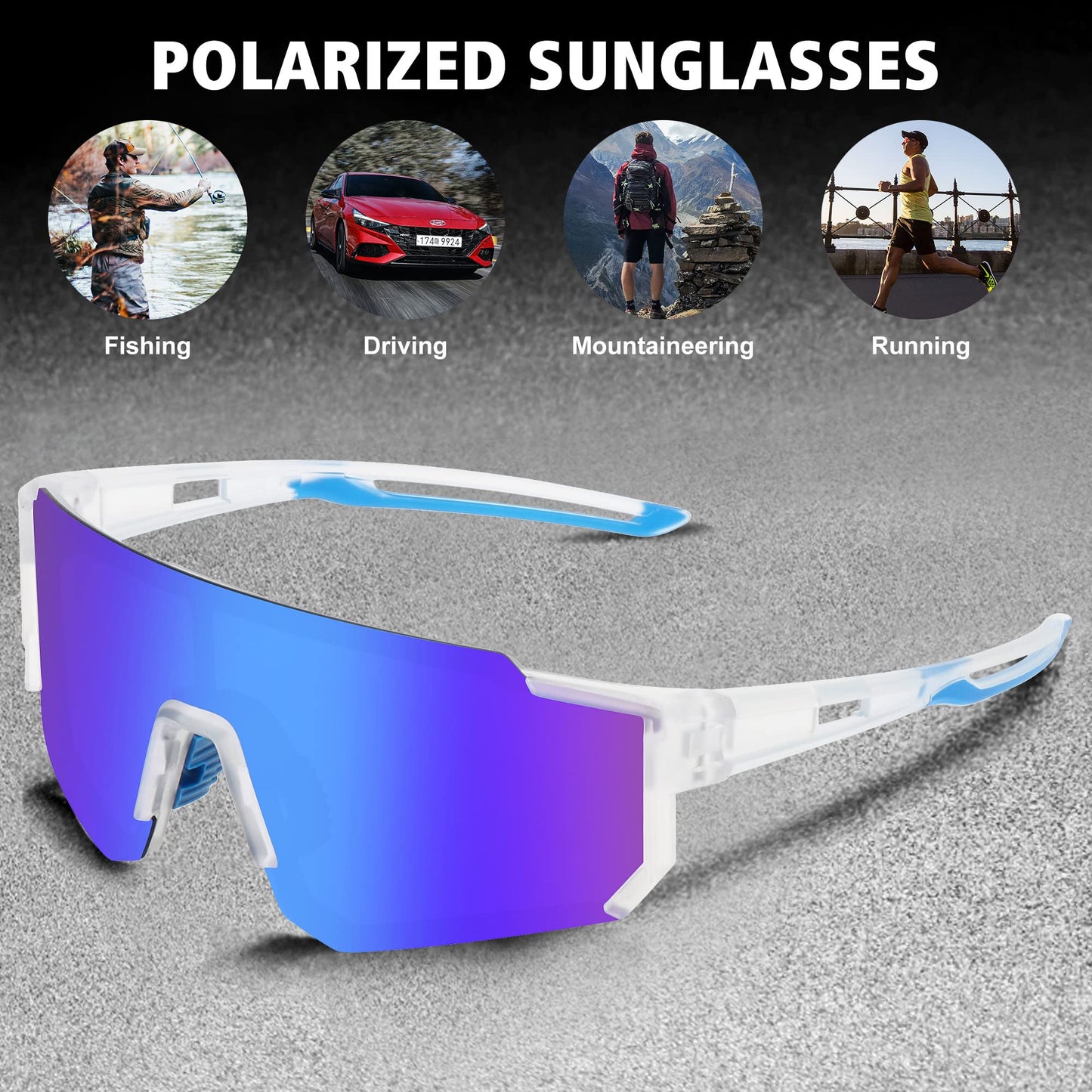 STORYCOAST Polarized Sports Sunglasses for Men Women,Driving Fishing Cycling Mountain Bike Sunglasses UV400 Protection Clear Gray Frame-Dark Blue Mirror Lens