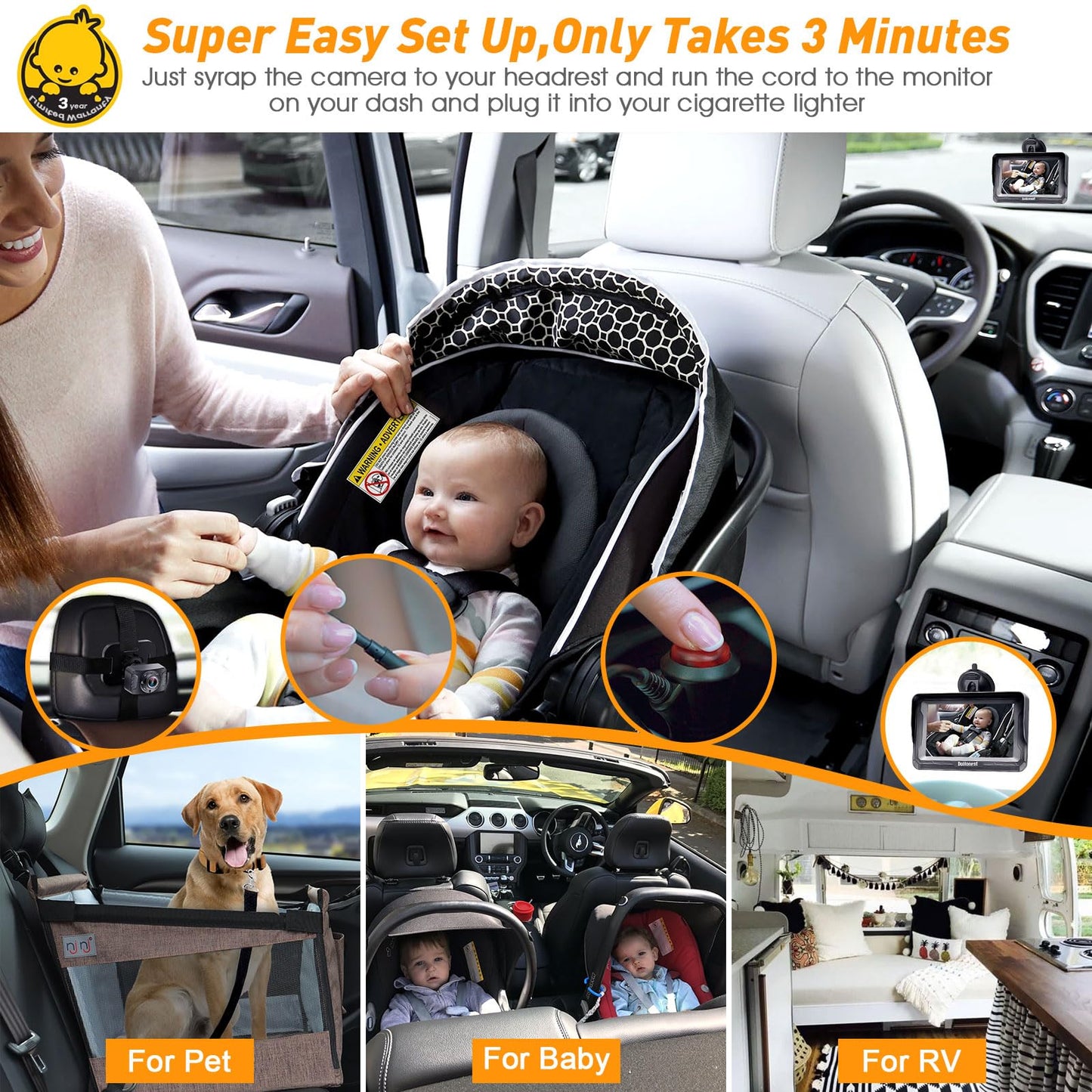 DoHonest Baby Car Camera for Backseat: HD 1080P Easy Setup Carseat Camera Rear Facing Infant - Crystal Night Vision 360° Rotating Car Baby Monitor for 2 Kids - V33