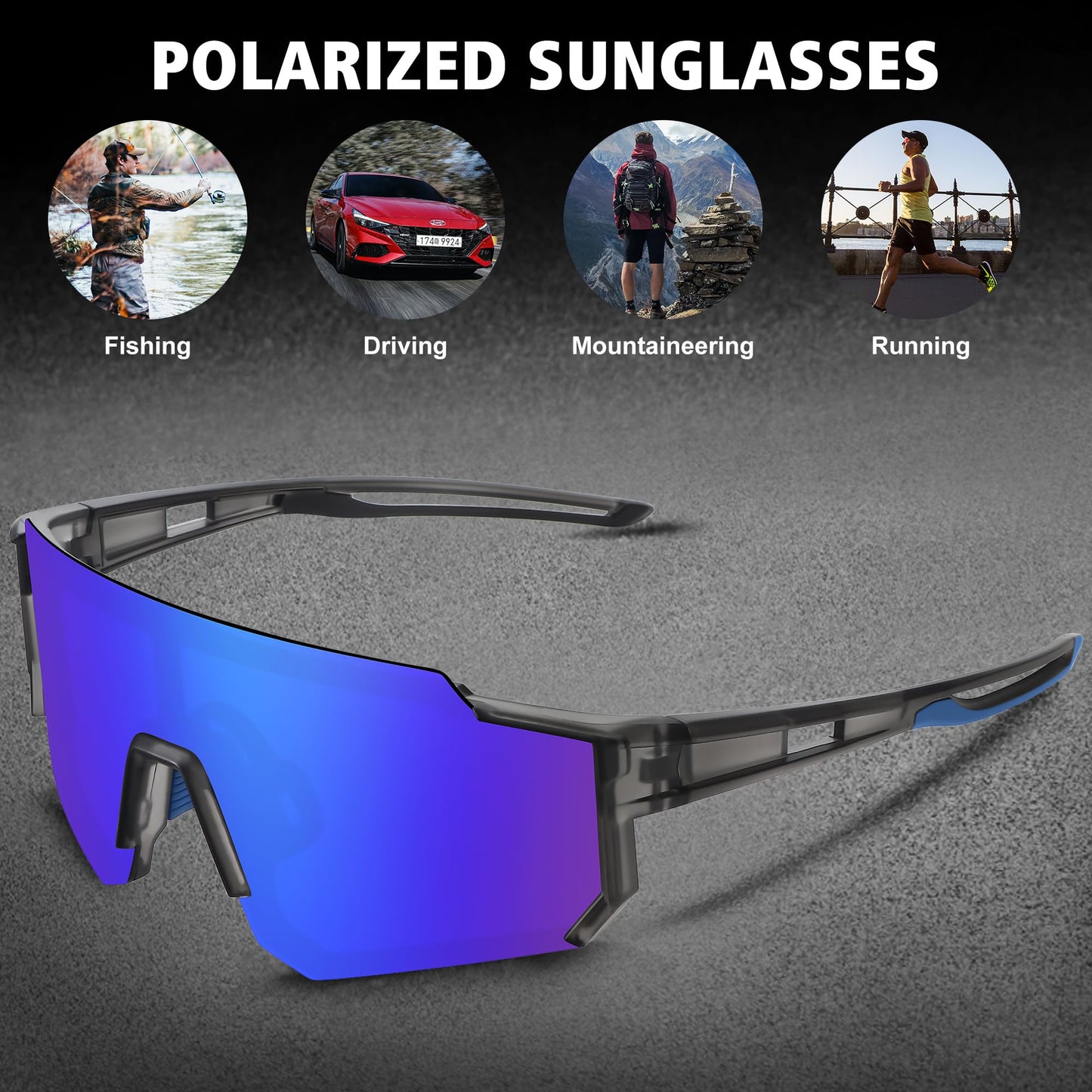 STORYCOAST Polarized Sports Sunglasses for Men Women,Driving Fishing Cycling Mountain Bike Sunglasses UV400 Protection Clear Gray Frame-Dark Blue Mirror Lens