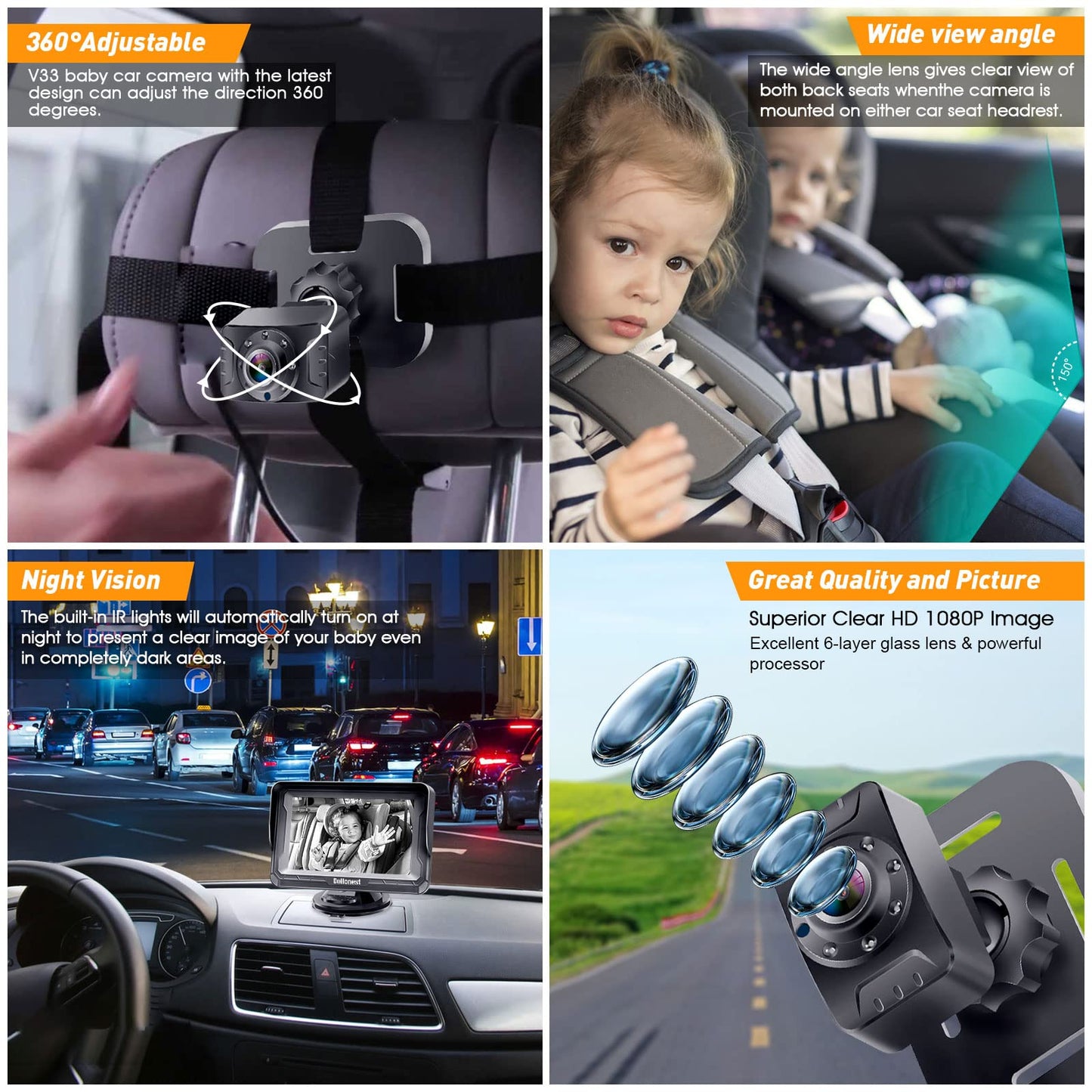 DoHonest Baby Car Camera for Backseat: HD 1080P Easy Setup Carseat Camera Rear Facing Infant - Crystal Night Vision 360° Rotating Car Baby Monitor for 2 Kids - V33